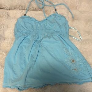 Light Blue Halter Top with Floral Embroidery